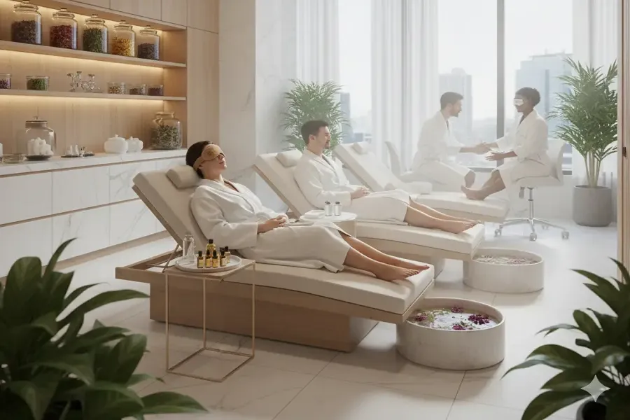 Relaxing medical spa packages with serene seating, herbal jars, and clients in robes